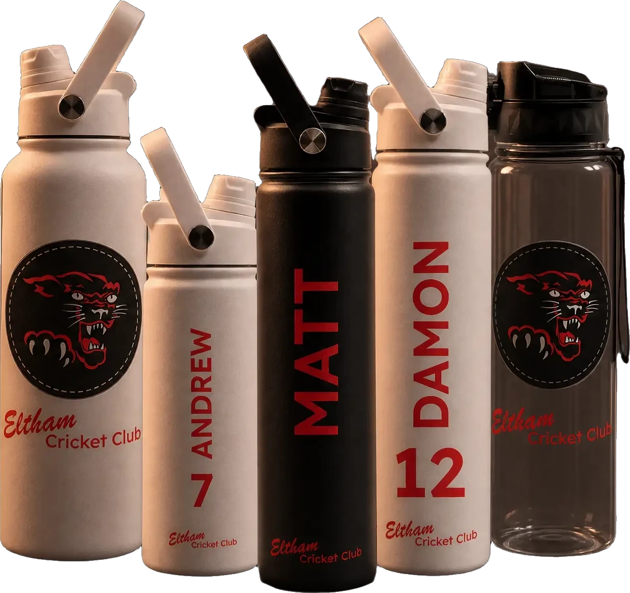 Personalised Eltham Cricket Club drink bottles — the full range