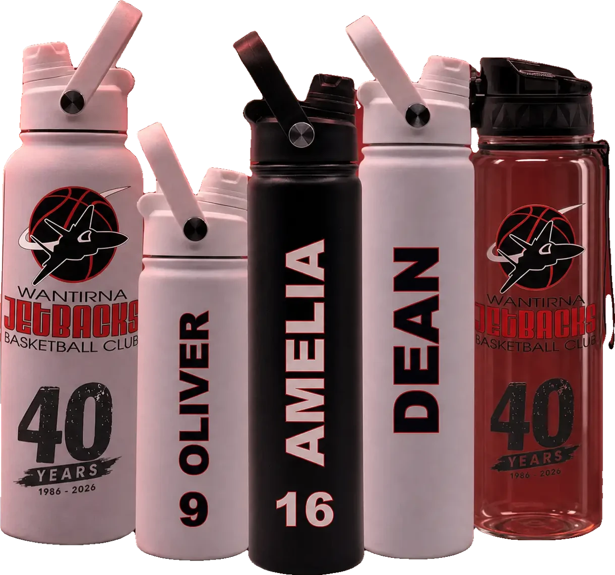 Personalised Wantirna Jetbacks Basketball Club drink bottles — the full range