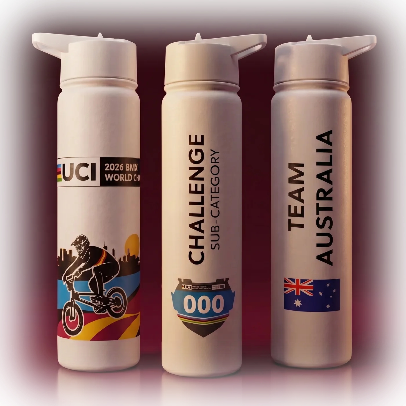 Three custom BMX Worlds 2026 bottles